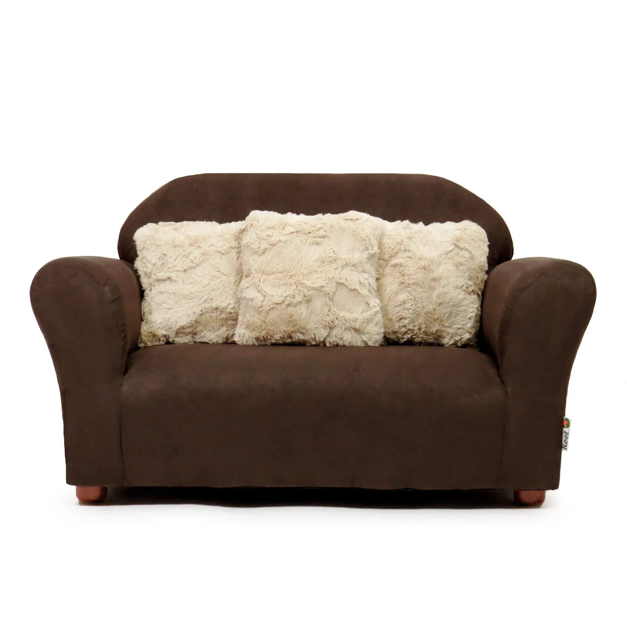 Keet Plush Childrens Sofa with Accent Pillows, Brown and Khaki