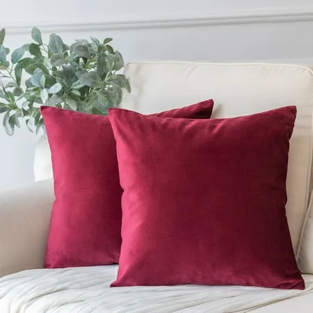 Phantoscope Soft Solid Square Velvet Decorative Throw Pillow Cover for Couch and Sofa 22 x 22 Crimson 2 Pack