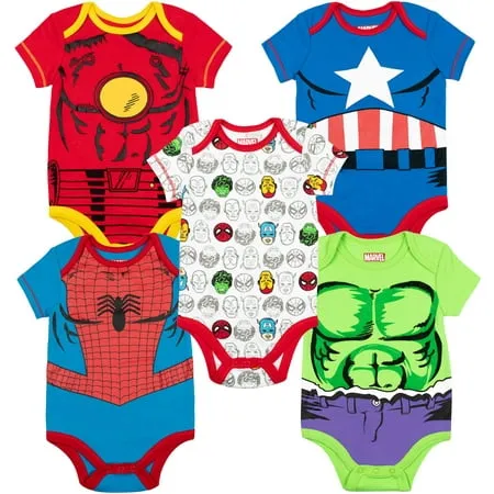 Marvel Baby Boys' 5 Pack Bodysuits - The Hulk, Spiderman, Iron Man, and Captain America