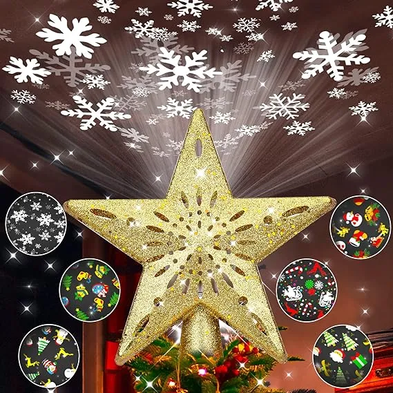 Dewdat - Winpull Lighted Christmas Tree Topper with 6 Pattern Projection Modes, Christmas Tree Topper Decorations Built-in LED Projection Light, 3D