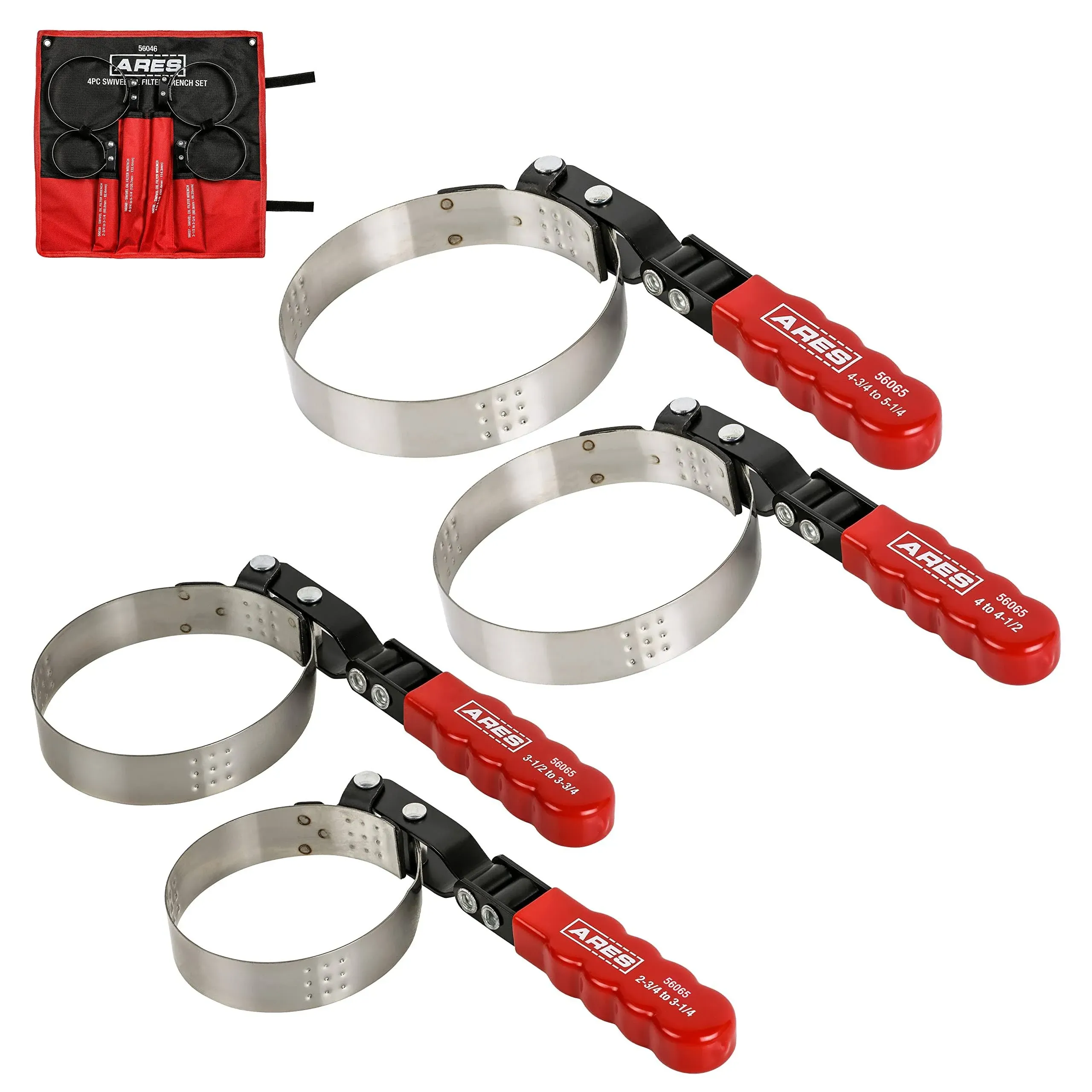 ARES 56065 - 4-Piece Swivel Oil Filter Wrench Set with Storage Pouch