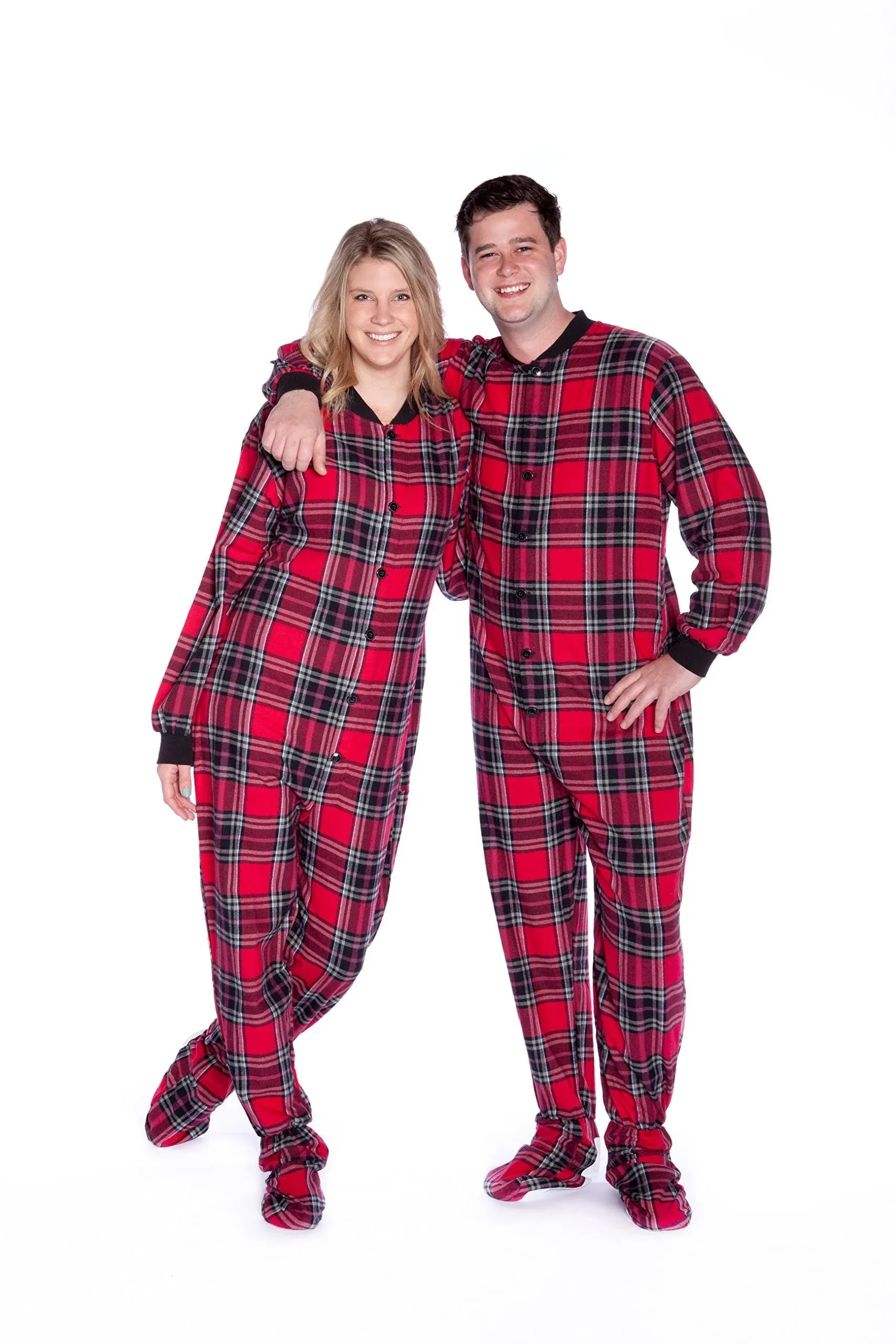 Big Feet PJs Red & Black Plaid Cotton Flannel Adult Footie Footed Pajamas w/ Drop seat