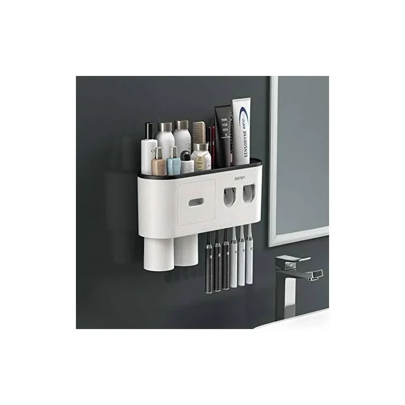 Toothbrush Holder Wall Mounted with Double Automatic Toothpaste Dispenser Squeezer Kit, 2/3/ Cups (Grey 2 Toothpaste Dispensers, 2 Cups)