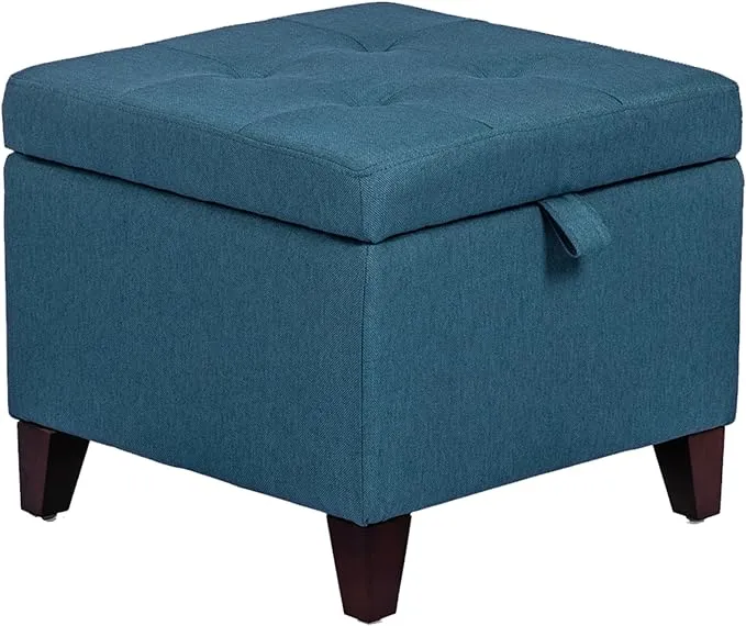 Adeco Square Fabric Storage Ottoman with Tufted Flip Top, 18x18x15