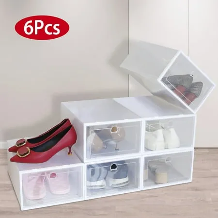 6 Pack Shoe Organizer Storage Boxes iMounTEK Stackable Plastic Transparent Storage Organizer Foldable Shoe Rack Shoes Container Bin Holder White