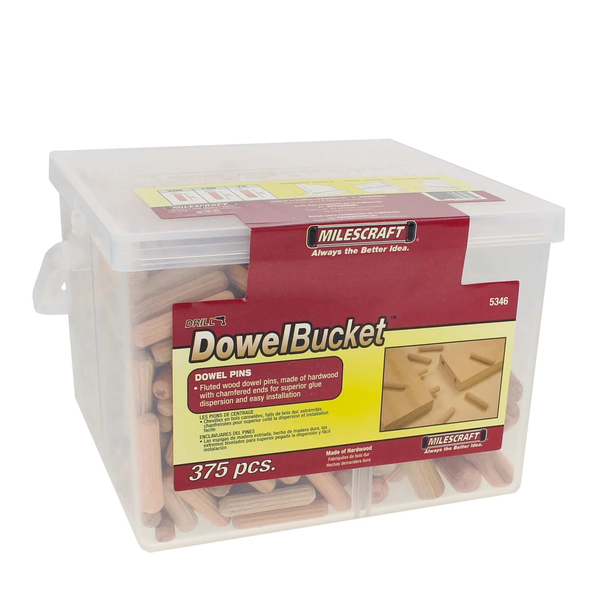 Milescraft Dowel Bucket - 375 Pieces, Fluted Pins for Superior Glue Dispersion, Chamfered Ends, Reusable Storage | 53460003