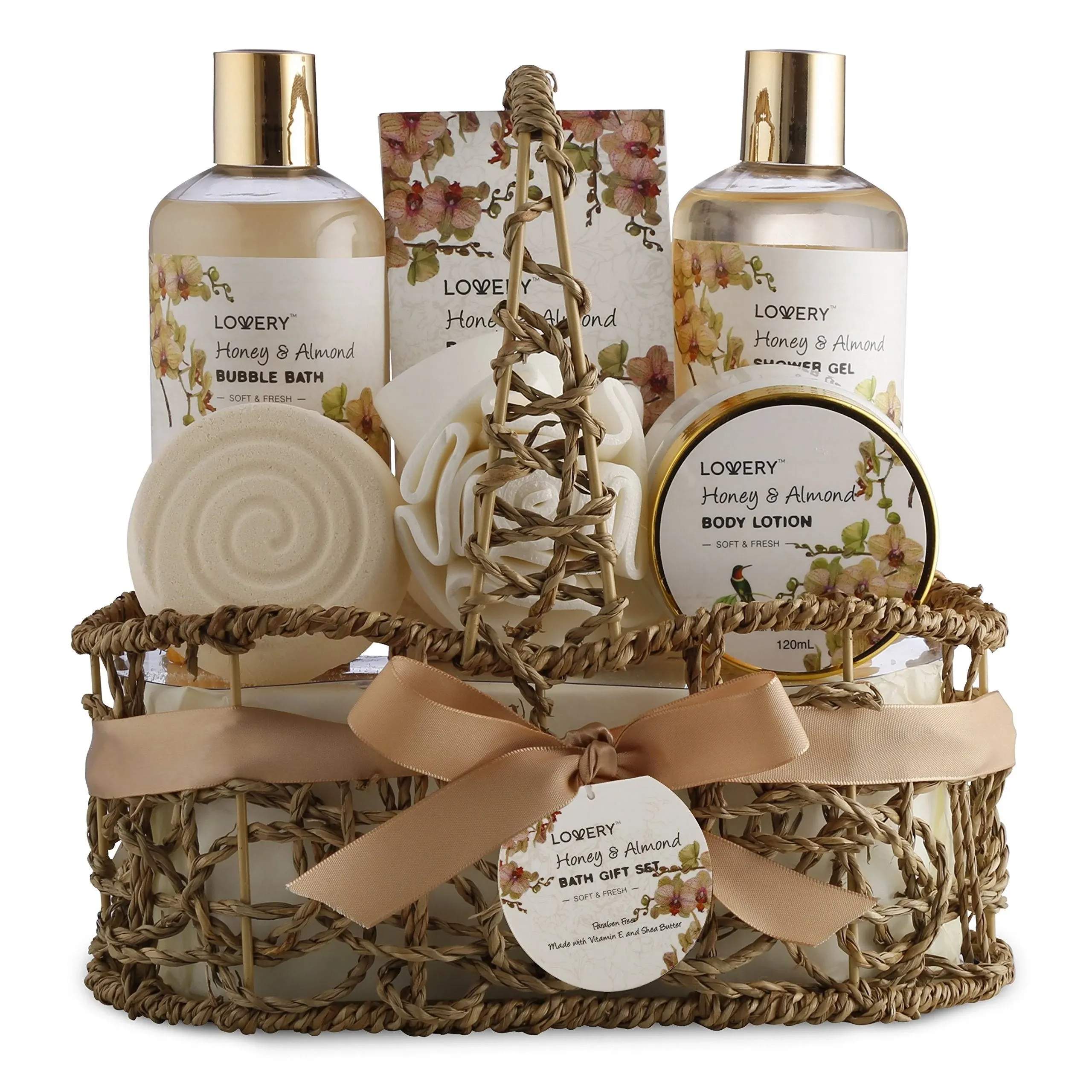 Home Spa Gift Basket - Honey & Almond Scent Luxury Bath Body Set for Women