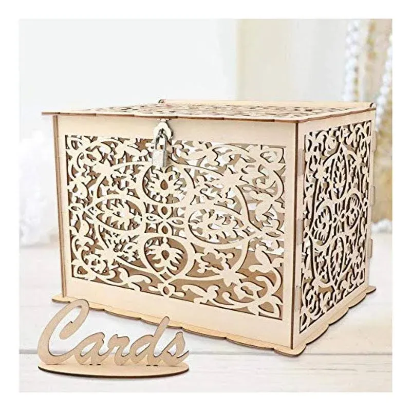 DIY Rustic Wedding Card Box with Lock, Wooden Gift Card Box Holder Graduation Card Box Money Box for Wedding Reception Deco, Baby Showers, Birthday Party Decorations