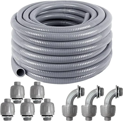 1/2inch 50ft Electrical Conduit Kit,with 5 Straight and 3 Angle Fittings Included,Flexible Non Metallic Liquid Tight Electrical Conduit(1/2" Dia, 50 Feet)