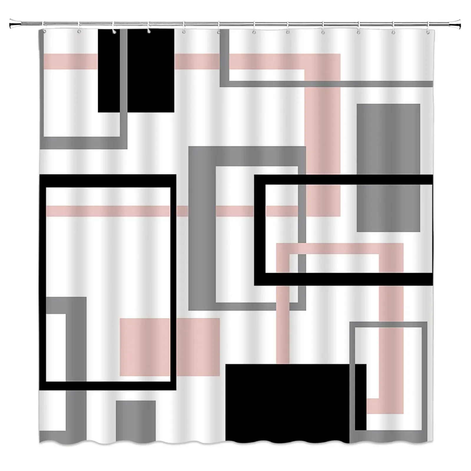 Geometric Shower Curtain Pink Gray Black White Geometry Abstract Square Geo Aesthetic Modern Art Bathroom Home Curtain with Hooks,70" Wx70 H