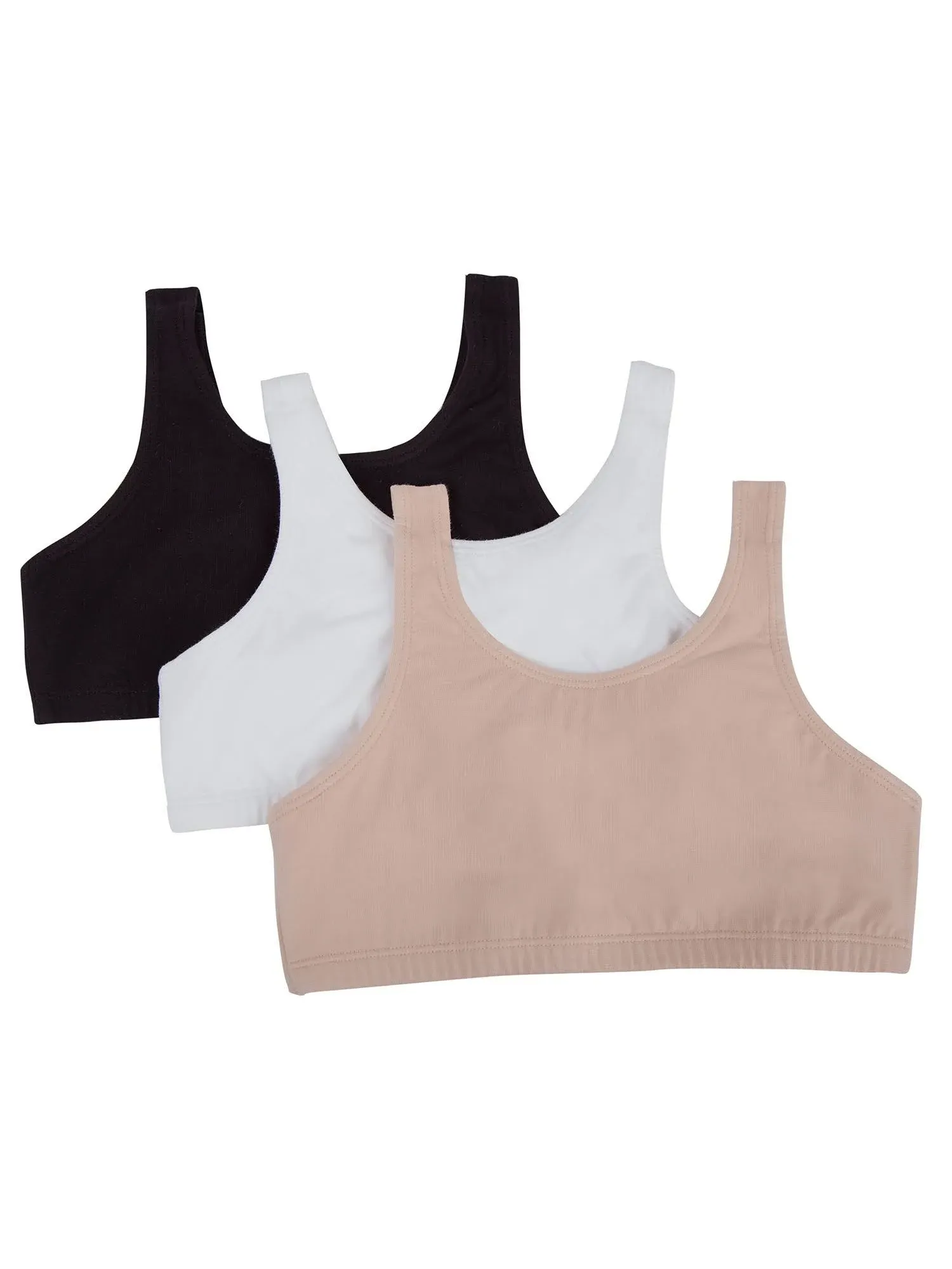 Fruit of the Loom Girls' 3 Pack Cotton Built -Up Stretch Sports Bra in Everyday Colors