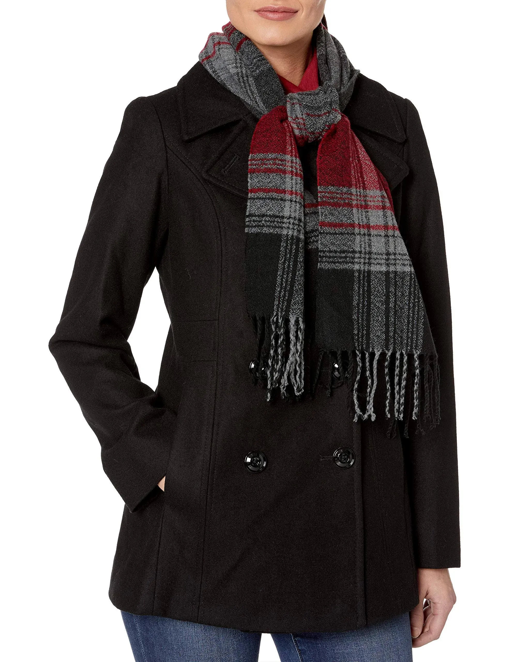 London Fog Women's Double Breasted Peacoat with Scarf (Black) Women's Coat