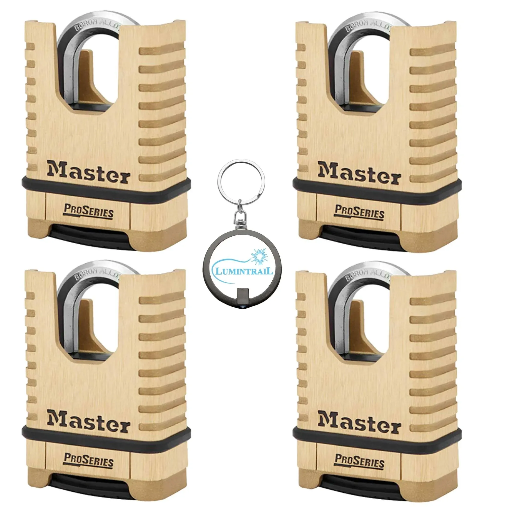 Master Lock 1177D 2-1/4in (57mm) Wide ProSeries Shrouded Brass Resettable Combination Padlock, 4 Pack Bundle w/Keychain Light