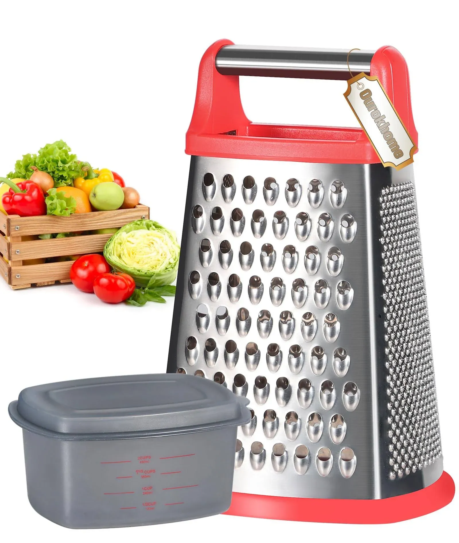 Cheese Grater with Handle, Ourokhome Stainless Steel Box Grater, 4 Side Kitchen Vegetable Shredder Slicer Zester with Container for Parmesan,