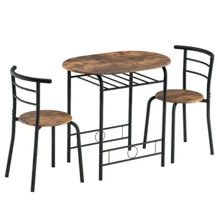 VINGLI 3 Piece Dining Set,Small Kitchen Table Set for 2,Breakfast Table Set for 2,Kitchen Wooden Table and 2 Chairs for Small Space/Dining Room/Apartment,Metal Frame,Wine Rack,Black&Walnut