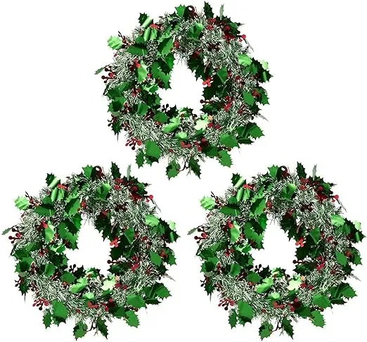 Juvale 3 Pack Mini Green Tinsel Christmas Wreaths for Front Door, 12 Inch Christmas Wreath, Holiday Decorations for Door, Windows and Cabinets