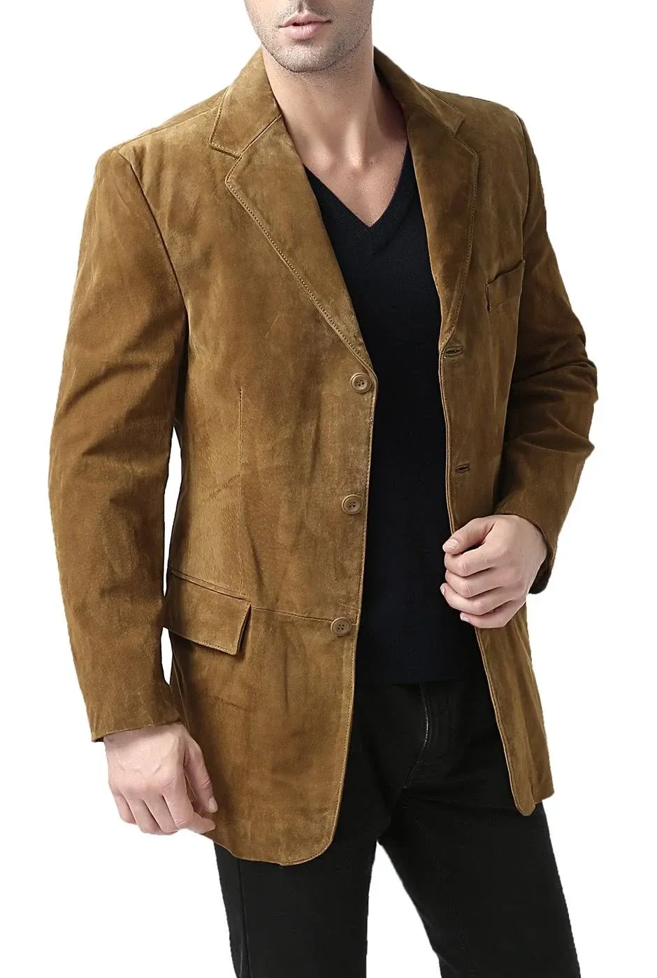 BGSD Men's Robert Three-Button Suede Leather Blazer