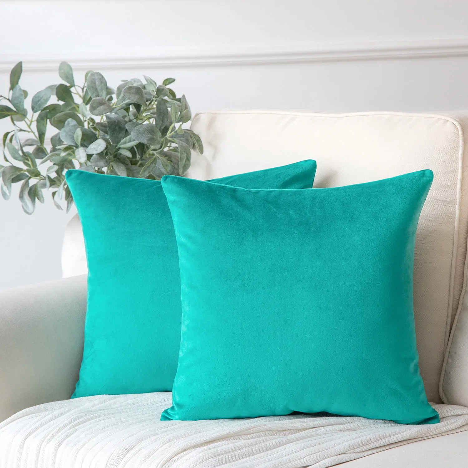 Phantoscope Soft Solid Square Velvet Decorative Throw Pillow Cover for Couch and Sofa, 22" x 22", Turquoise, 2 Pack