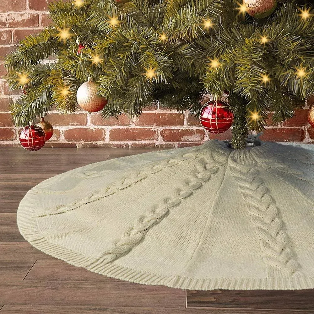  Knitted Christmas Tree Skirt: 36 Inches Cream White Tree Skirt, Chunky Cable 