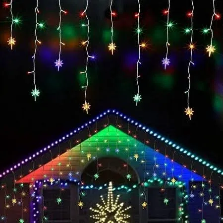 Twinkle Star Iciclelights with Star, Outdoor Dripping Christmas Light with Bethlehem Star, 150LED 8 Modes White Wire Curtain Lights 30 Drops, Indoor Xmas Holiday Wedding Party Decor, Multicolor