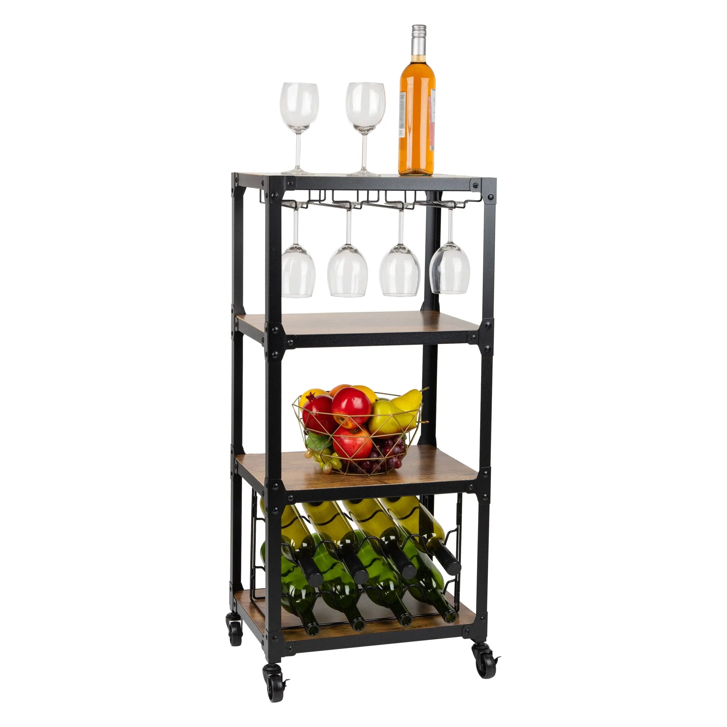 Mind Reader 4 Tier Wood and Metal Cart with Wine Rack - Black