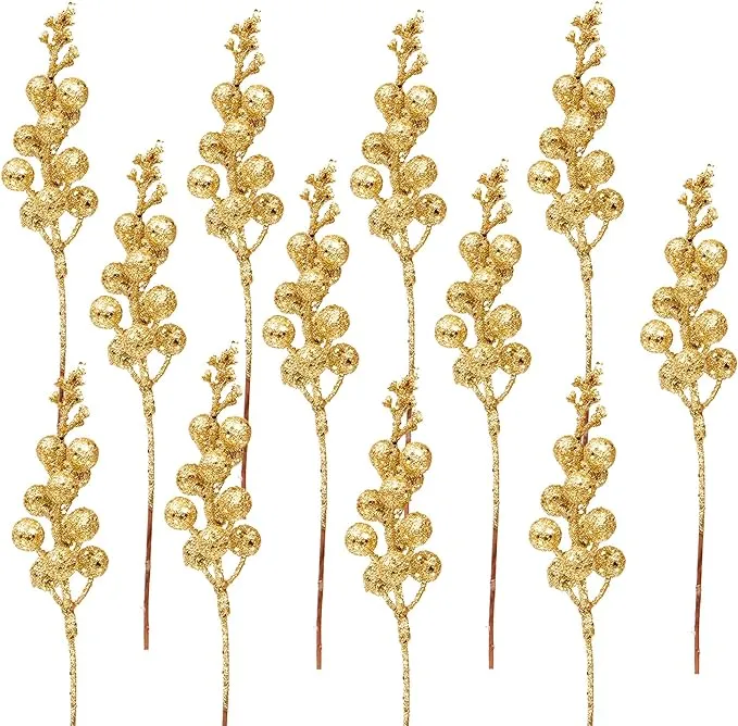 DR.DUDU 24 Pack Berry Picks for Christmas Tree Ornaments, 7.8" Gold Decorations Artificial Glitter Berries Stems for DIY Crafts Garland Wreath Filler Holiday Xmas Home Decor (Gold)