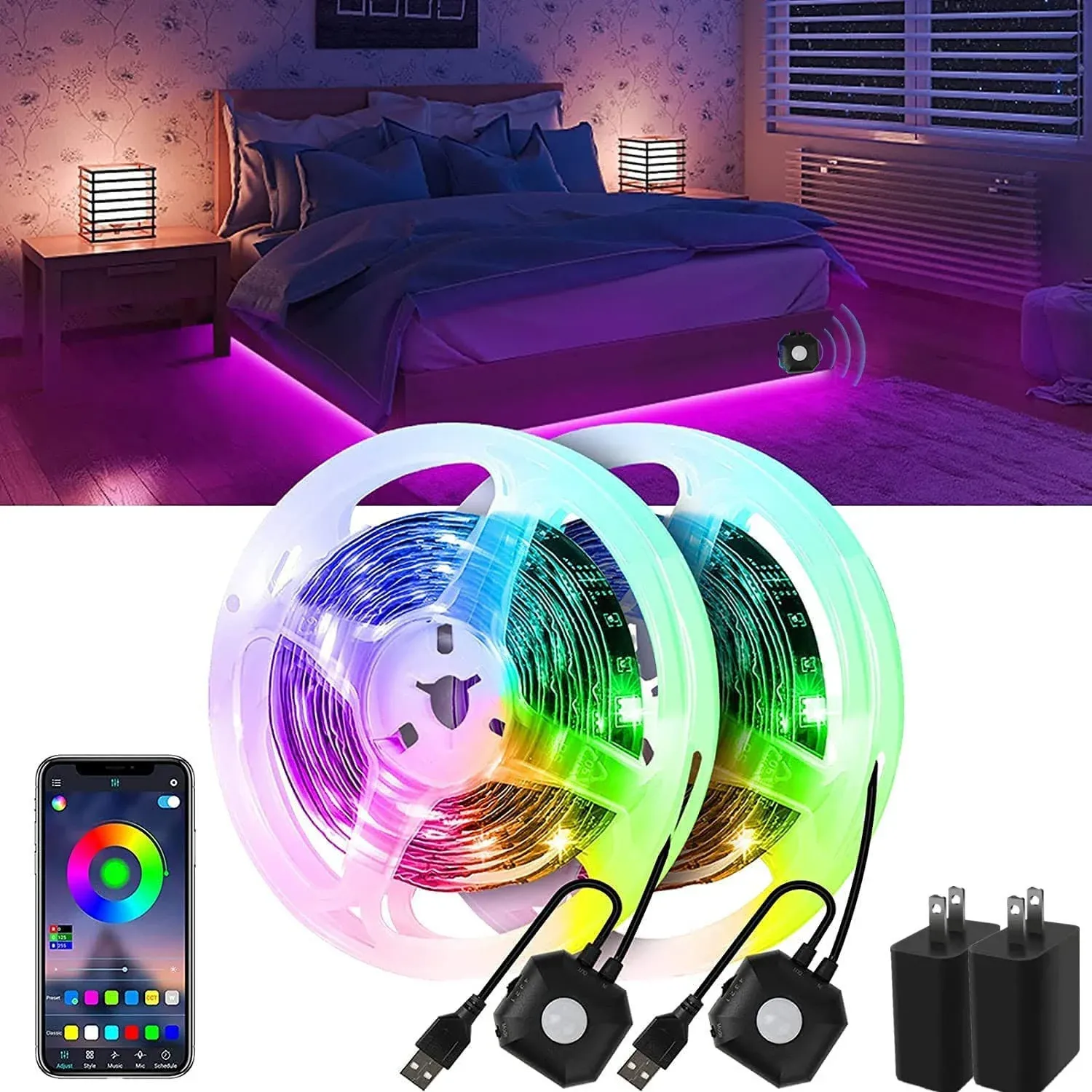 Motion Activated Under Bed Lights, Auplf 2x9.84ft 5050 RGB Color Changing LED ...