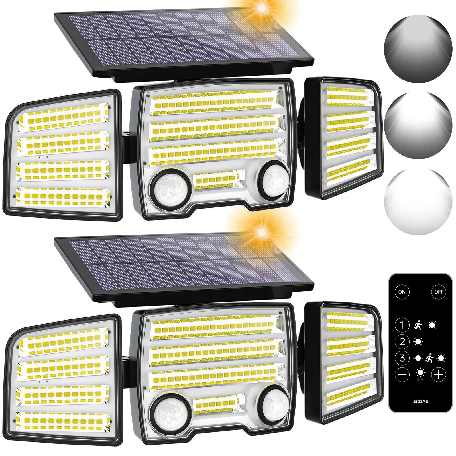 Sidsys Solar Outdoor Lights, 4000Lm 2 IPR Motion Detectors Sensor Lights, 270° Wide Angle Dimmable Flood Lights with Remote Control 7500K, 3 Heads