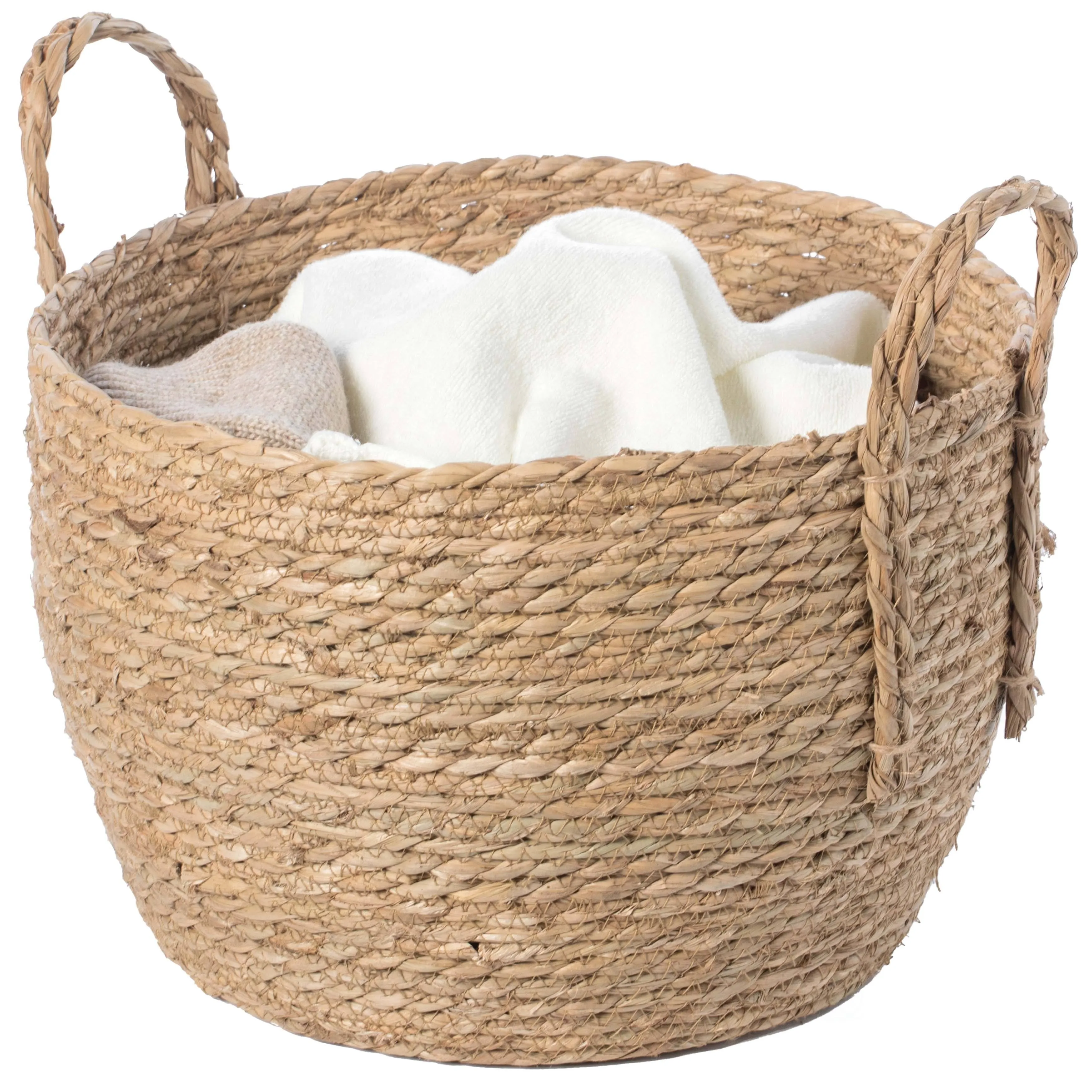 Vintiquewise Decorative Round Wicker Woven Rope Storage Blanket Basket with Braided Handles - Large