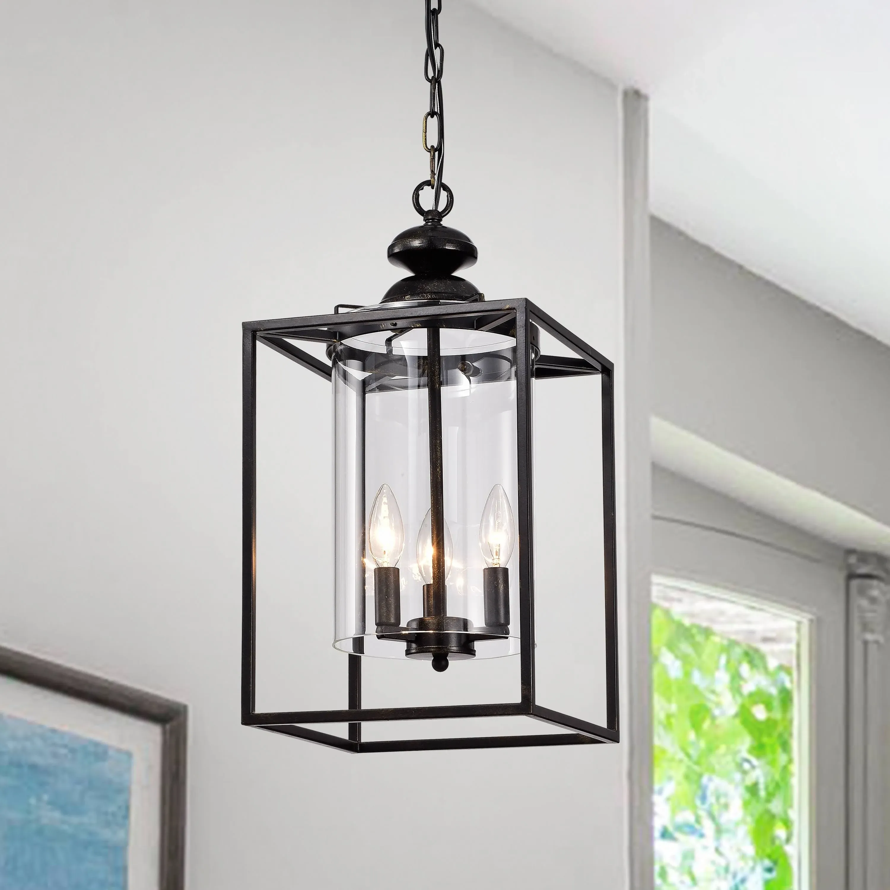 Edvivi Renzo 3-Light Antique Bronze Farmhouse Clear Glass Lantern Hanging Pendant Light EPL1043AB