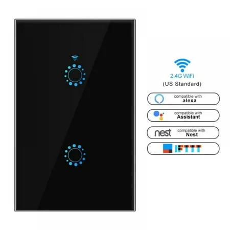 Smartyuns WiFi Smart Light Switch, Tempered Glass Panel Touch Light Switch 2 Gang, US Standard Modern Wall Touch Switch, Timer Function, Single Pole Switches (2 Gang Light Switch Black)