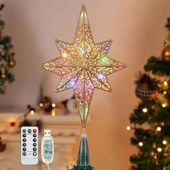 Lewondr Christmas Tree Topper USB Powered Remote Controlled 14 Inch Bethlehem Star Xmas Tree Topper with Colorful LED Beads