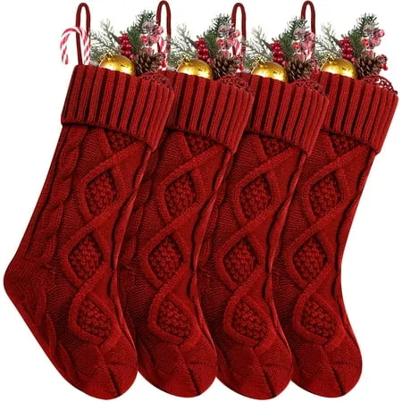 Husfou 18in Christmas Stockings, 4 Pack Large Cable Knitted Xmas Stockings Decorations for Indoor Family Holiday Party