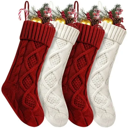 Husfou 18in Christmas Stockings 4 Pack Large Cable Knitted Xmas Stockings Decorations for Indoor Family Holiday Party