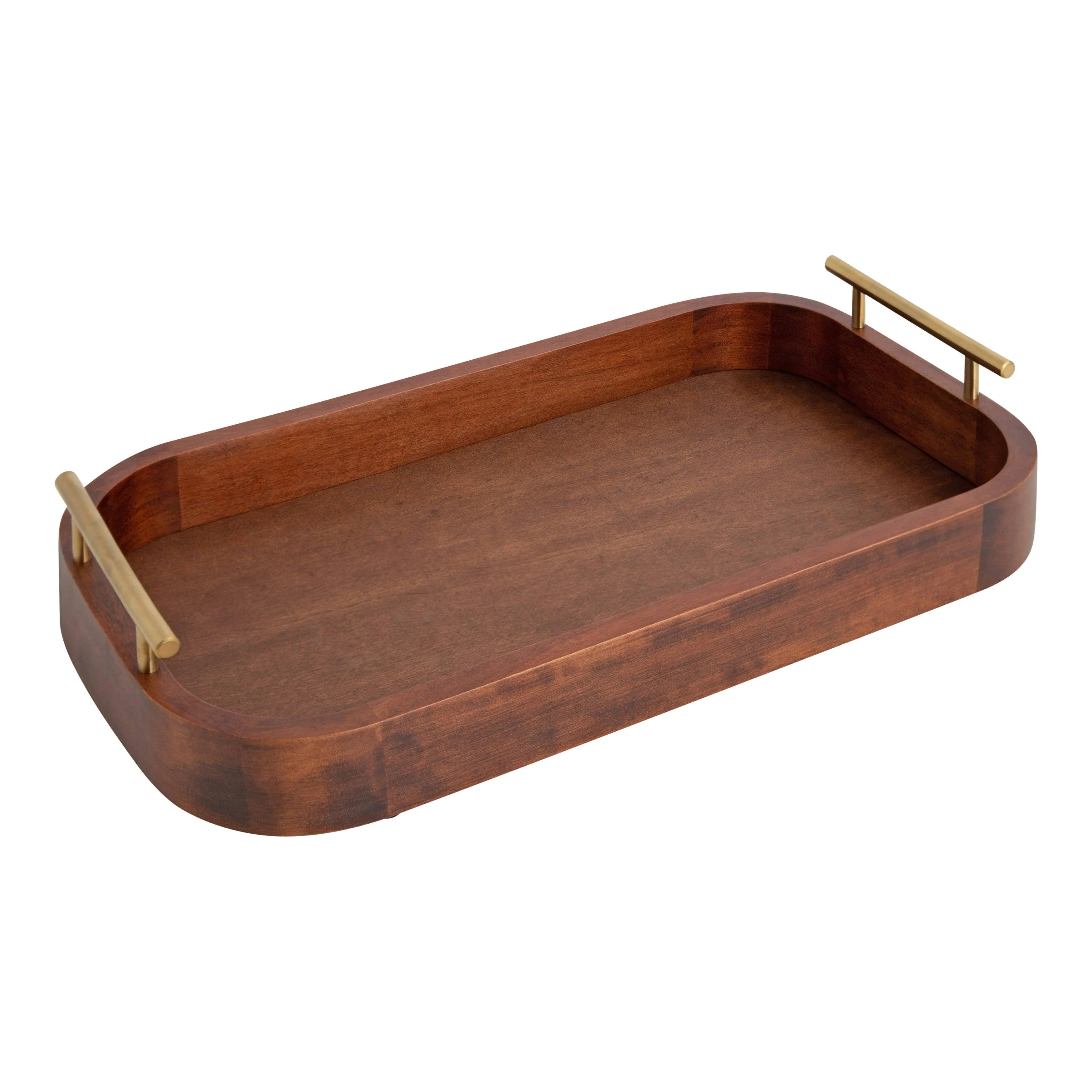 Kate and Laurel Lipton Mid-Century Rectangle Wood Tray 10 x 18 Walnut Brown and Gold Decorative Accent with Rounded Edges