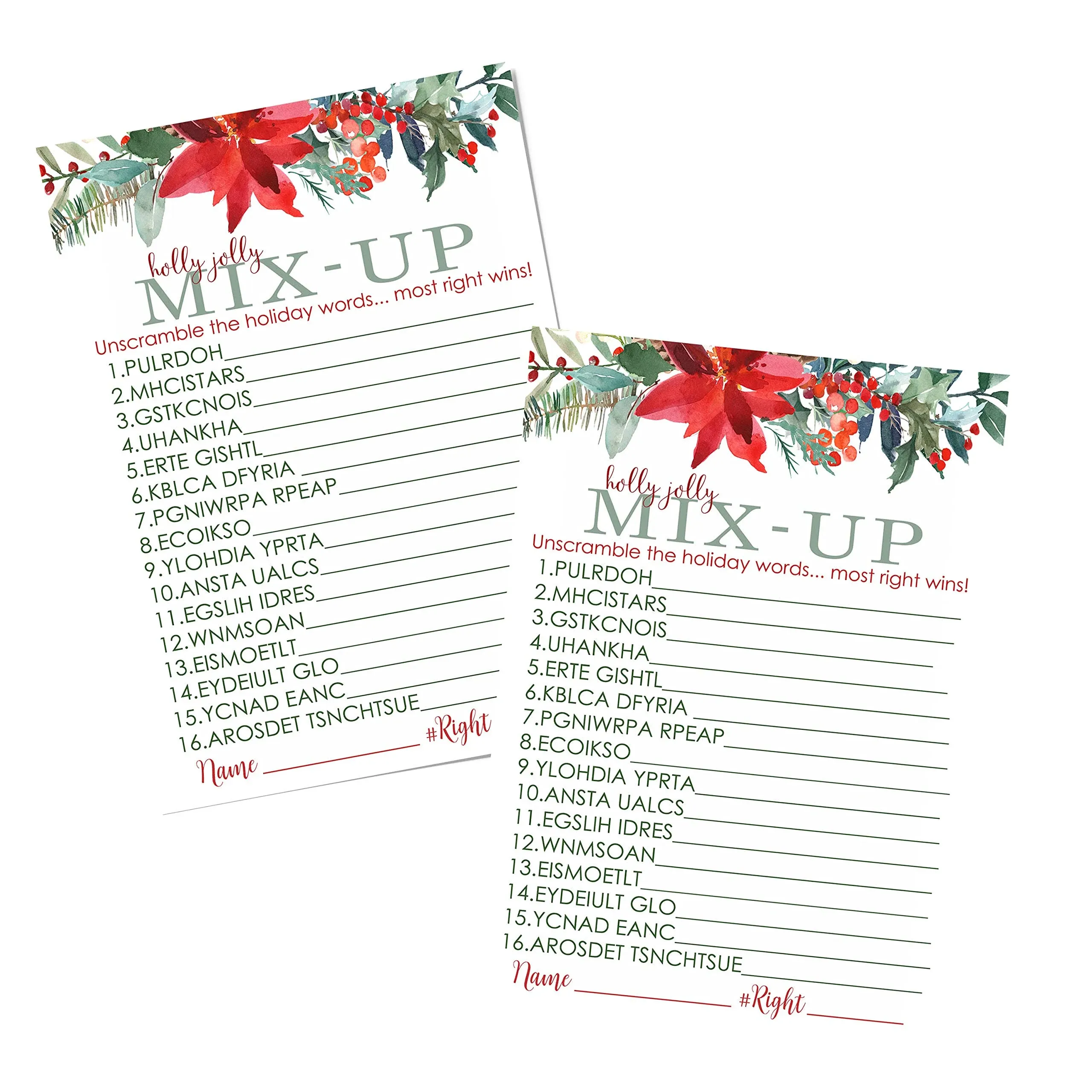 Holiday Floral Christmas Word Scramble Party Game Set 25 Pack