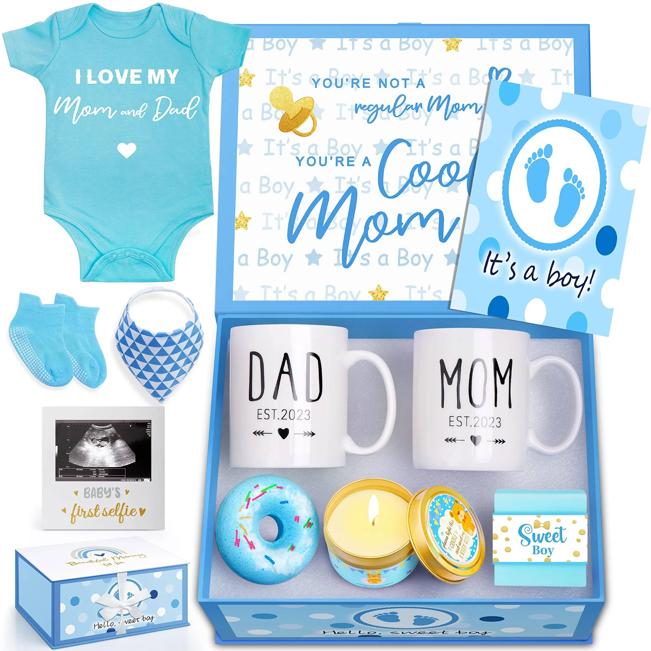 2024 New Mom Gifts for Women- Announcements Pregnancy Gifts for First Time Moms, Gender Reveal Gifts for New Parents Mom and Dad Mugs-11oz Coffee Mug Set (Blue)