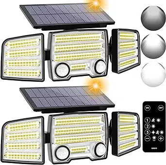 SIDSYS Solar Outdoor Lights, 4000LM 2 IPR Motion Detectors Sensor Lights, 270° Wide Angle Dimmable Flood Lights with Remote Control 7500K, 3 Heads Security Lights Outside with 3 Modes IP65 Waterproof