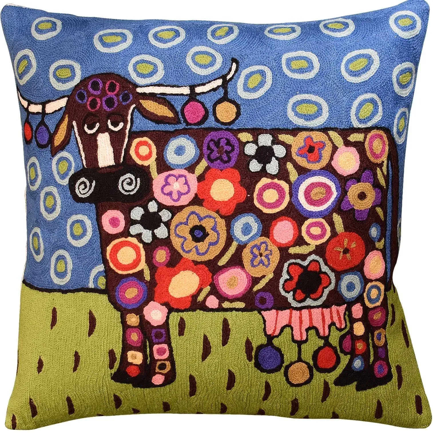 Cow Pillow Cover Karla Gerard Animal Cow-Themed Throw Kids Room Pillowcase Blue Chair Pillows Whimsical Cow Art Throw pillowsham Hand Embroidered Wool Size 18x18