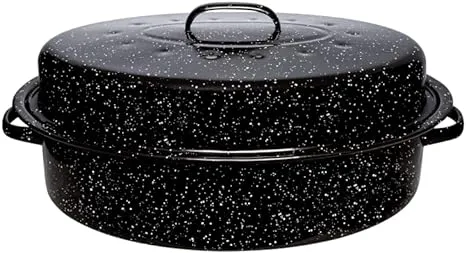 Granite Roasting Pan, 12 lb Capacity Turkey Roasting Pan with Lid, 16" Granite Oven Roaster Oval Shaped Speckled Enamel on Steel Cookware