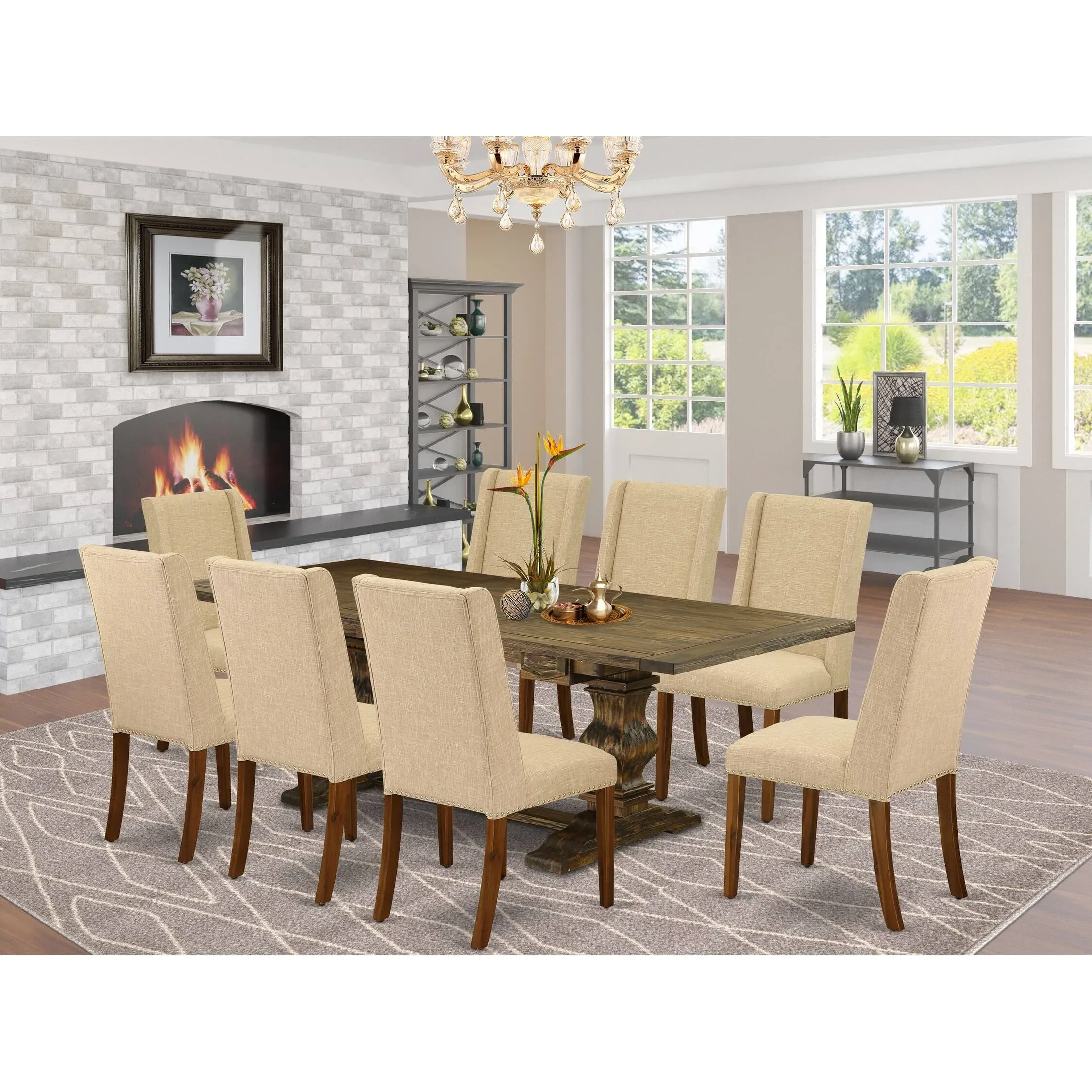 East West Furniture Lassale 9-piece Wood Dining Set in Jacobean Brown/Clay