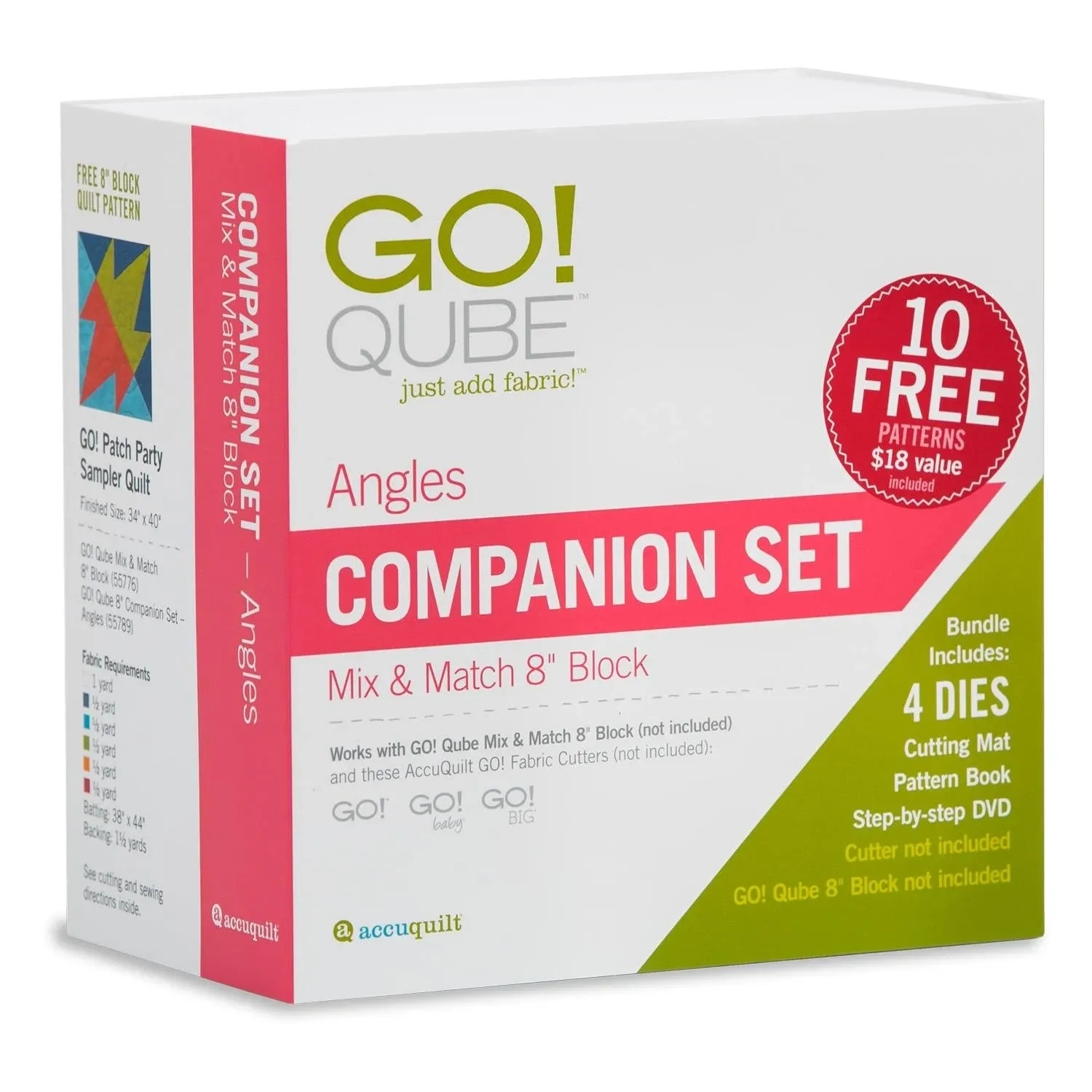 AccuQuilt GO! Qube Corners Companion Mix and Match 8 Inch Block Set with 4 Dies, Cutting Mat, Videos, Storage Box, and 10 Pattern Booklet