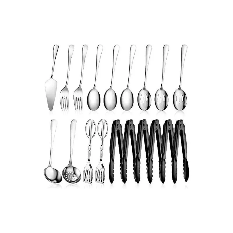 Tanlade 19 Pcs Stainless Steel Serving Utensils Set Flatware Include Spoons Forks Slotted Spoons Soup Ladle Skimmers Pie Server Serving Tongs for Home Buffet Party Breakfast Dinner(Silver, Black)