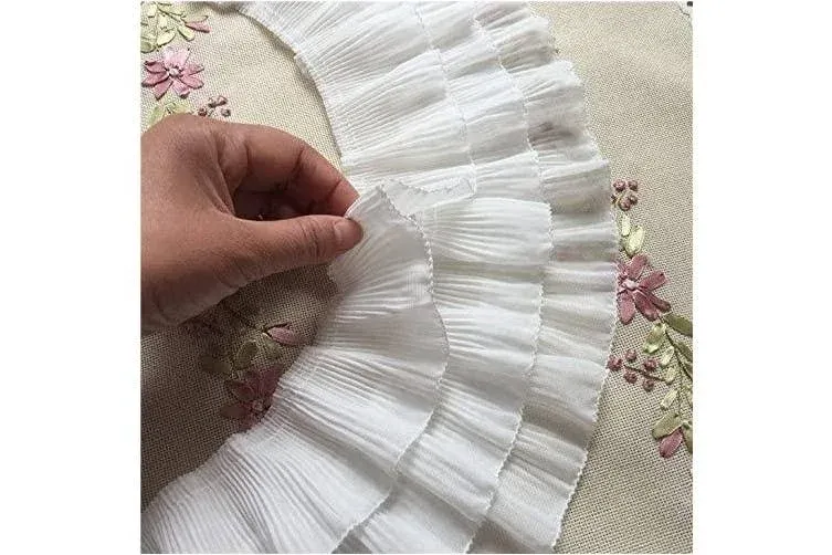 2 Yards 12cm Width 3-Layer Tiered Ruffle Pleated Chiffon Lace Fabric (White)