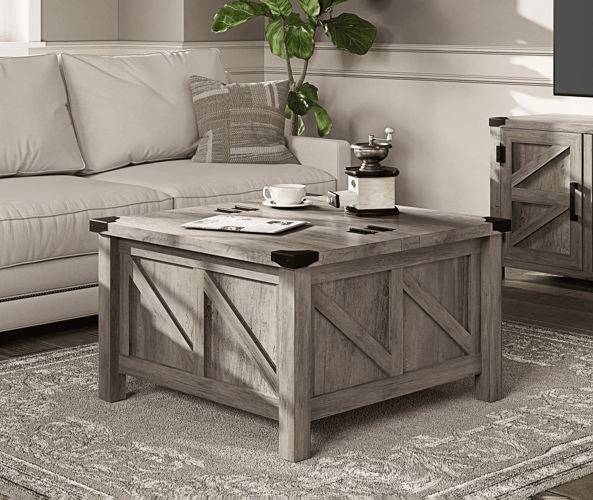 Square Coffee Table with Lift Top and Storage for Living Room, 30"x 30", Wash Grey