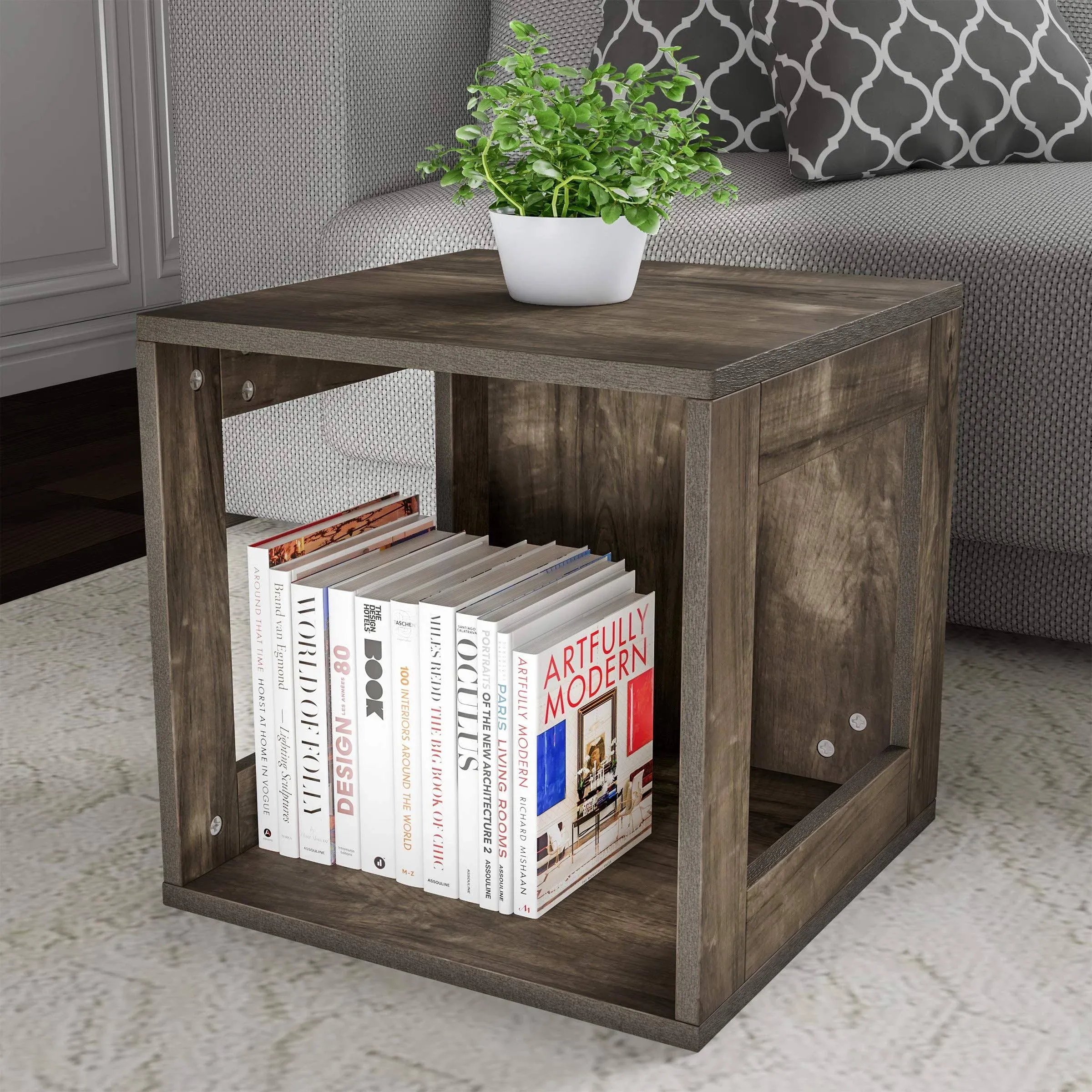 Home Lavish End Stackable Contemporary Minimalist Modular Cube Accent Table with Open Sides for Bedroom, Living Room or Office (Gray),