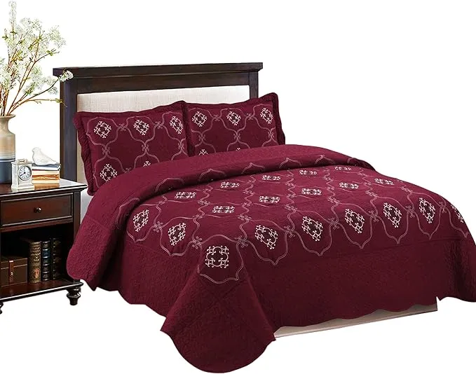 MarCielo 3-Piece Fully Quilted Embroidery Quilts Bedspreads Bed Coverlets Cov...