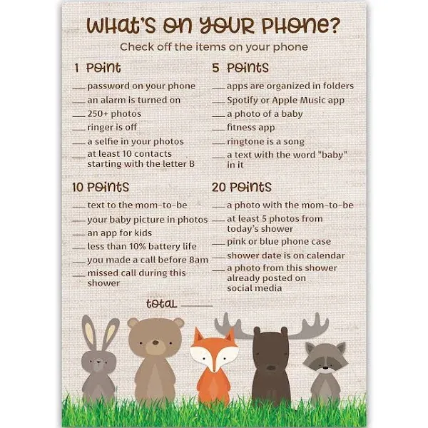 WOODLAND ANIMALS Baby Shower Game — WHAT'S ON YOUR PHONE Baby Shower Game — Pack of 25 — Country Rustic GENDER NEUTRAL Baby Shower Games, Outdoors Fun Game Baby Shower Activity G601-PHN