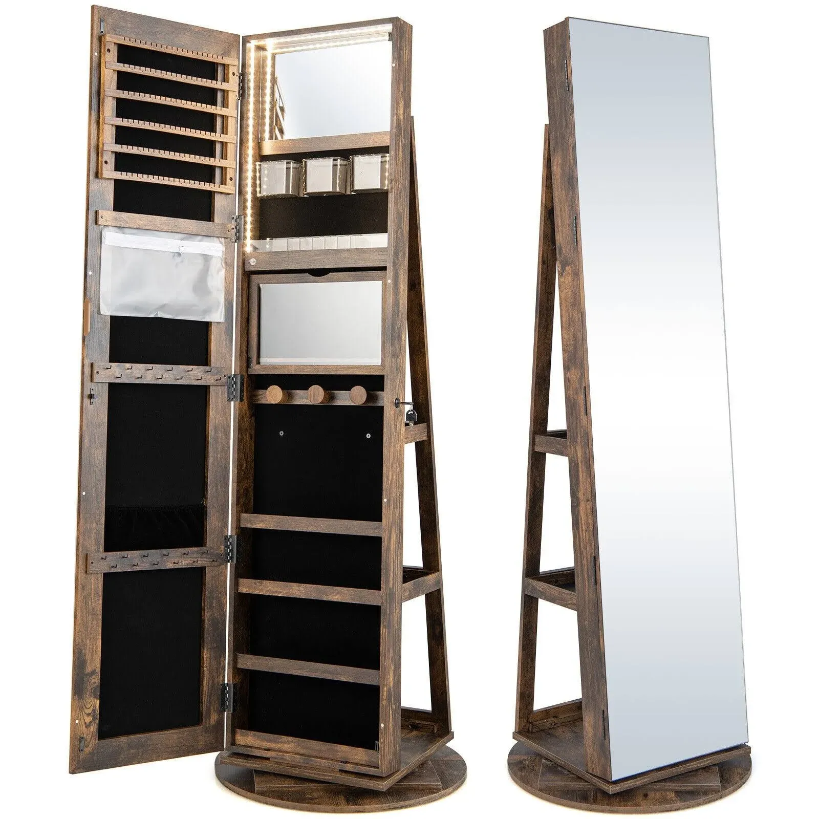 Costway 360 Rotating Mirrored Jewelry Cabinet Armoire 3 Color LED Modes Lockable-Brown