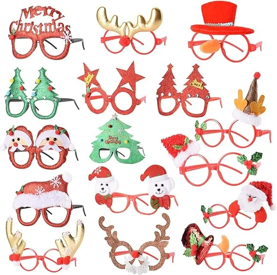 16 PCS Christmas Holiday Glasses for Kids & Adults ,Cute Christmas Glasses Frames,Fun Christmas Party Favors Festive Decorations & Trinkets , Perfect for Goodie Bag Stuffers ，best Photos booth